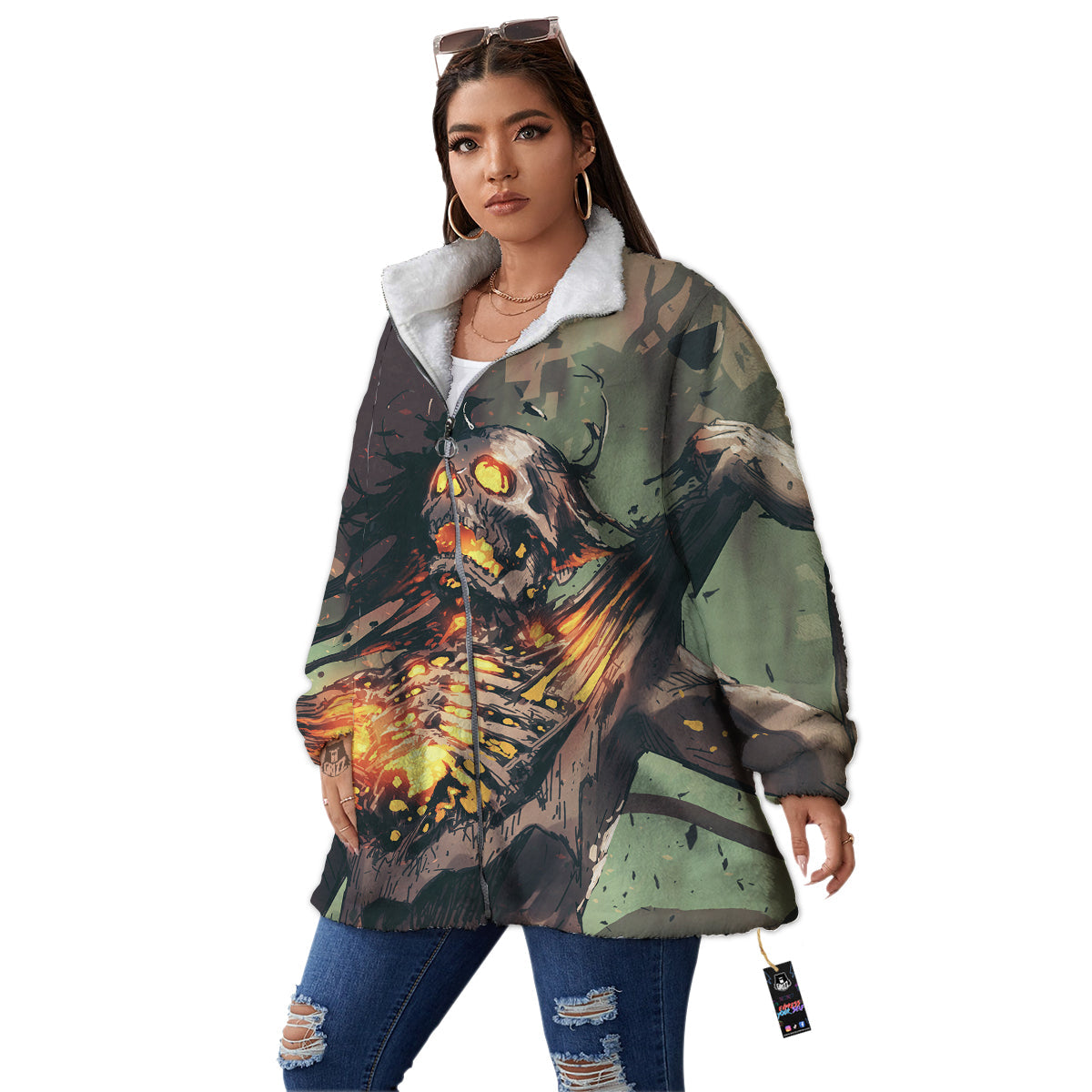 Ghost Skeleton Print Women's Sherpa Jacket-grizzshop