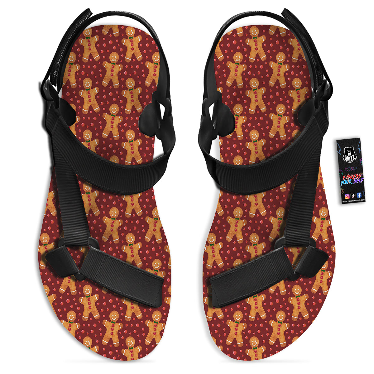 Gingerbread Brown Print Pattern Black Open Toe Sandals-grizzshop