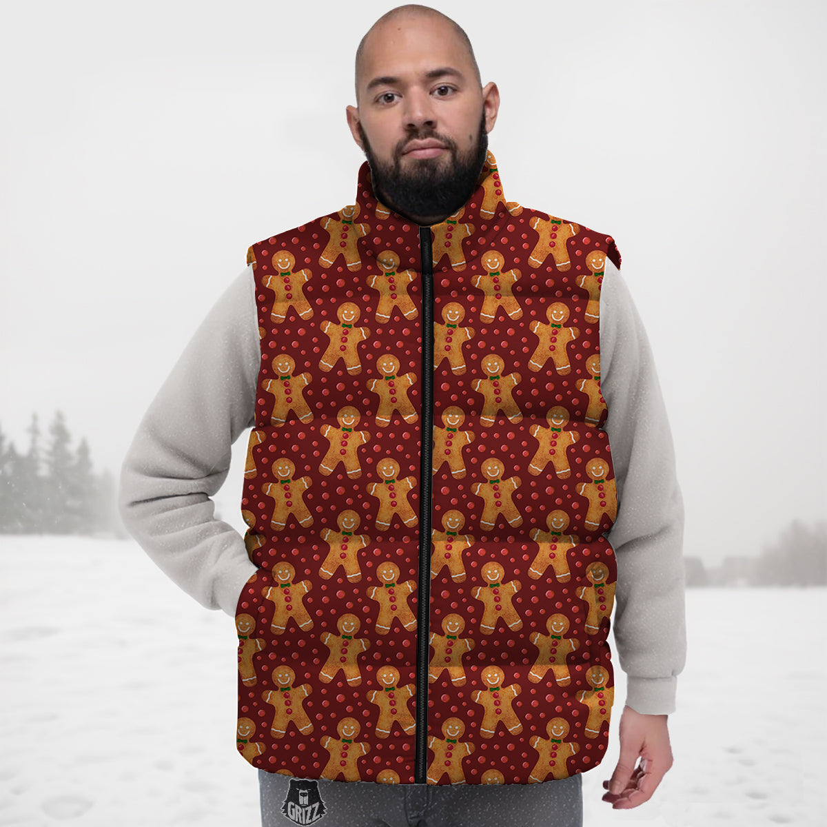 Gingerbread Brown Print Pattern Down Vest-grizzshop
