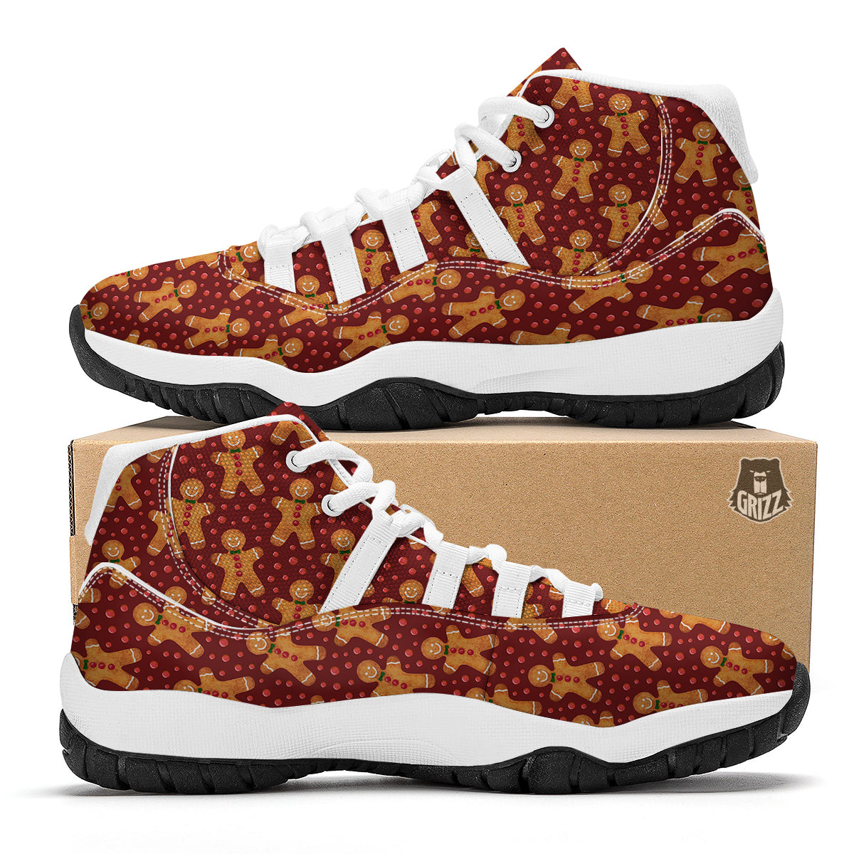 Gingerbread Brown Print Pattern White Bball Shoes-grizzshop