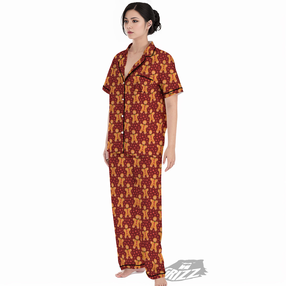 Gingerbread Brown Print Pattern Women's Pajamas Set-grizzshop