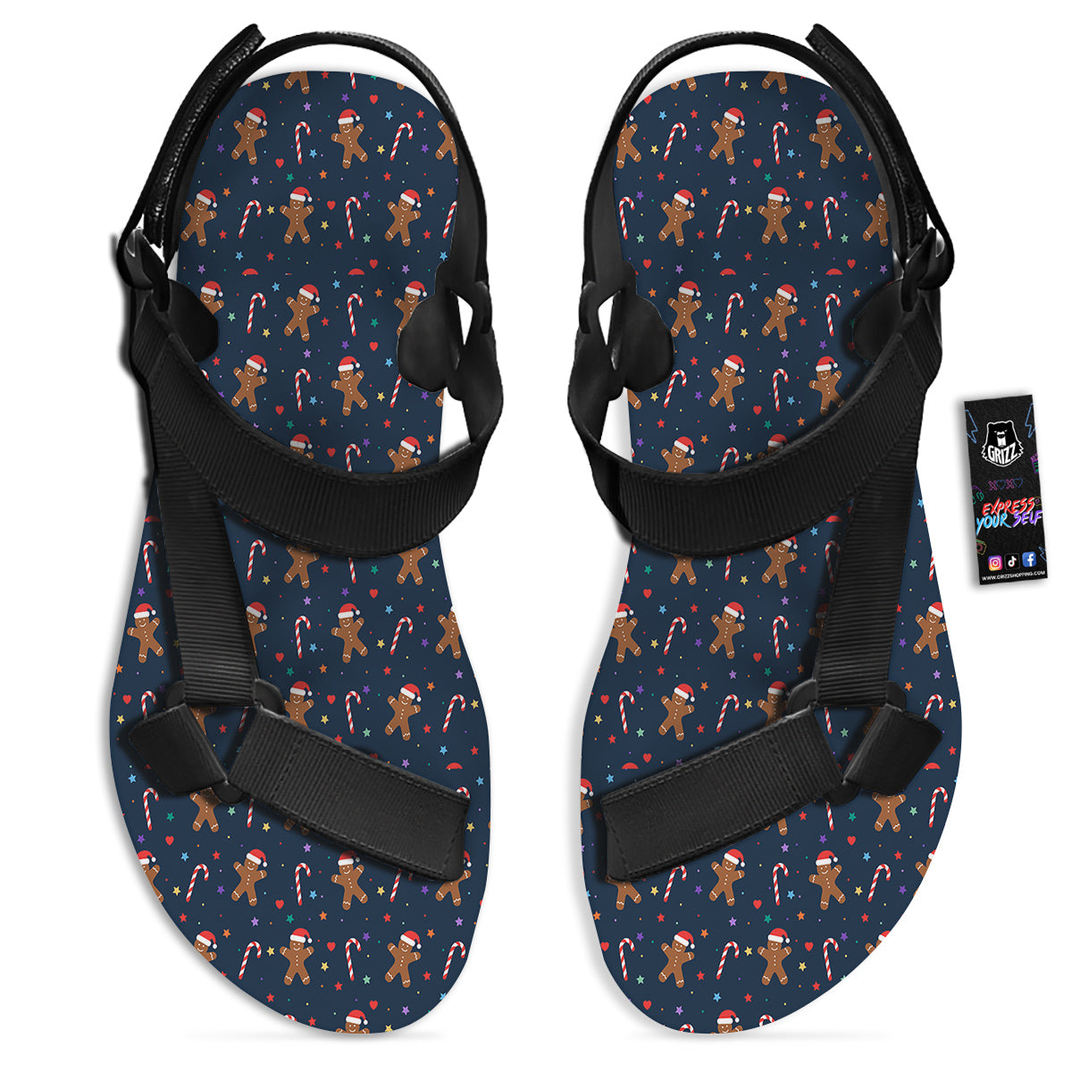 Gingerbread Christmas Print Pattern Black Open Toe Sandals-grizzshop