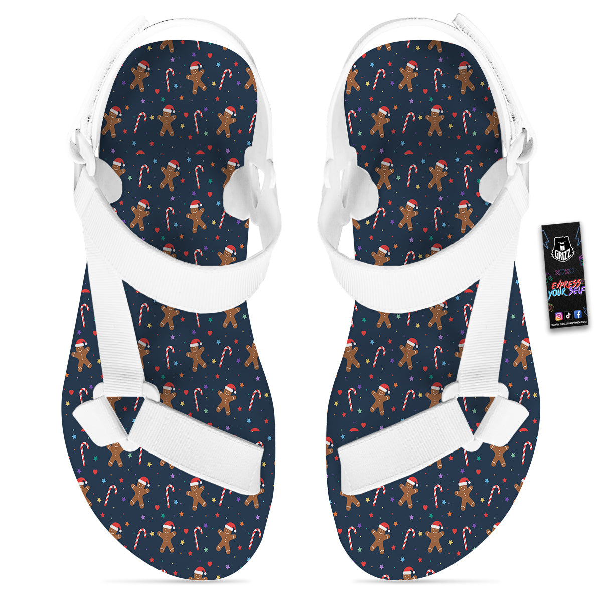 Gingerbread Christmas Print Pattern White Open Toe Sandals-grizzshop