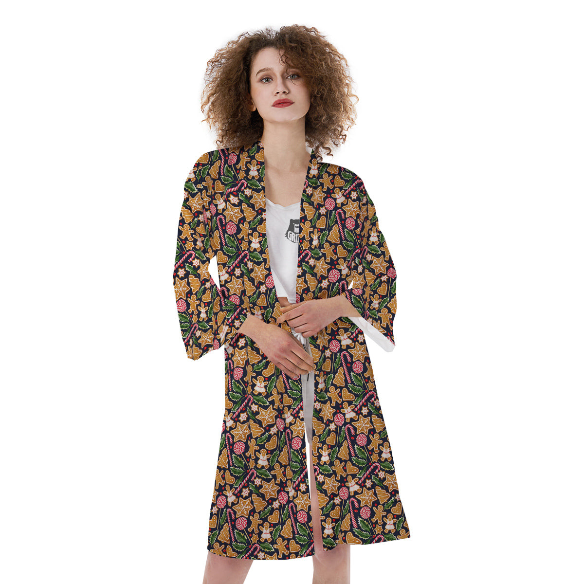 Gingerbread Cute Print Pattern Kimono-grizzshop
