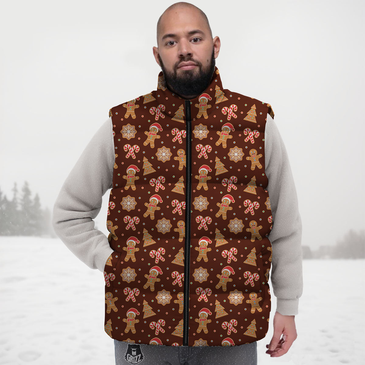 Gingerbread Man Print Pattern Down Vest-grizzshop