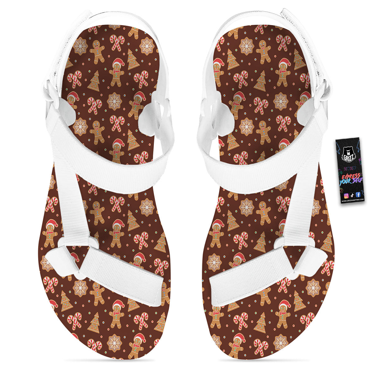 Gingerbread Man Print Pattern White Open Toe Sandals-grizzshop