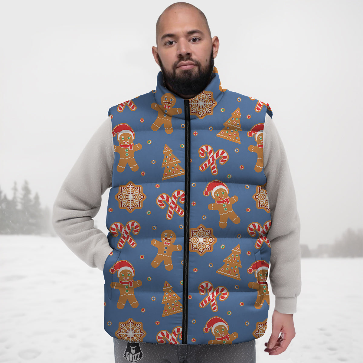 Gingerbread Man Xmas Print Pattern Down Vest