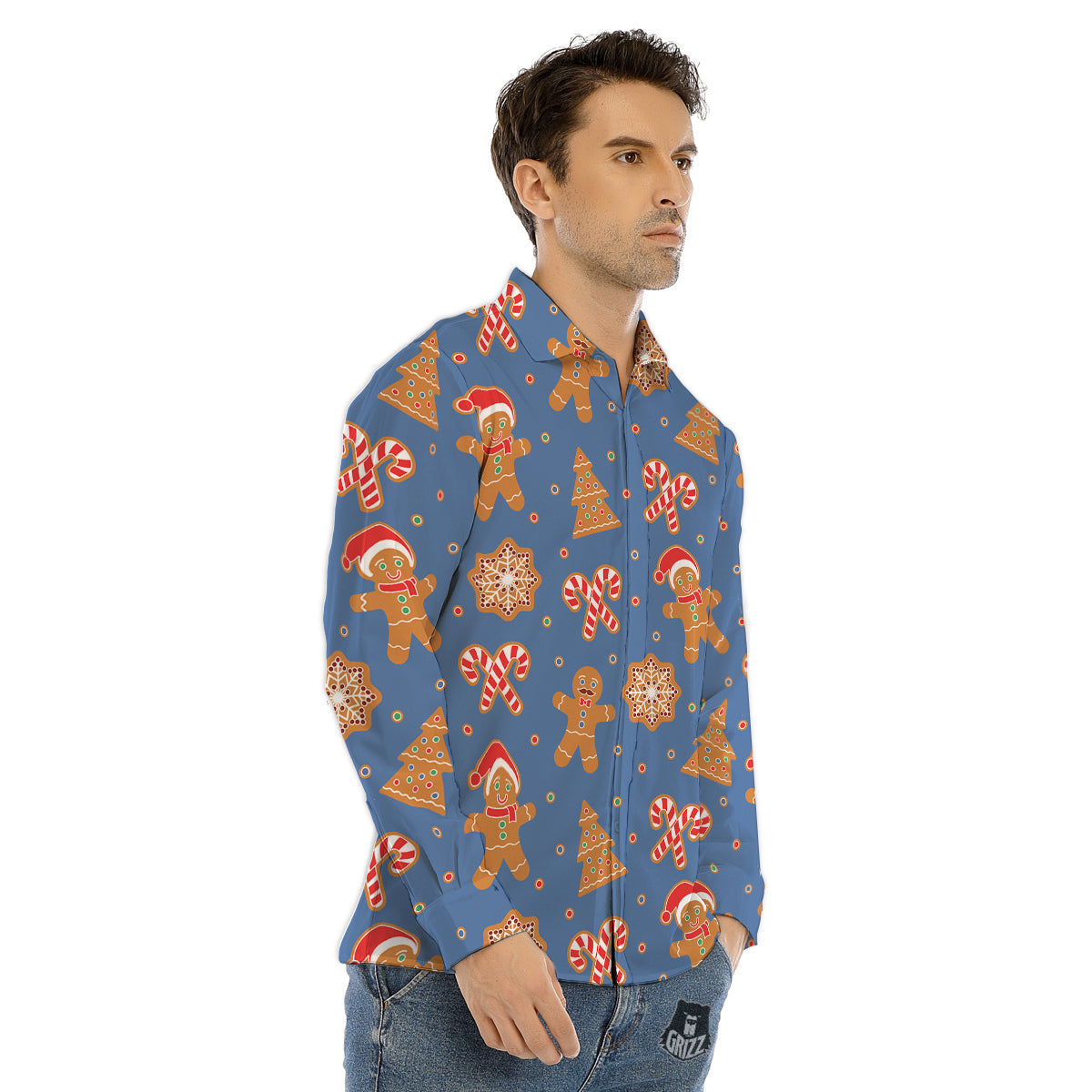 Gingerbread Man Xmas Print Pattern Men's Dress Shirts-grizzshop