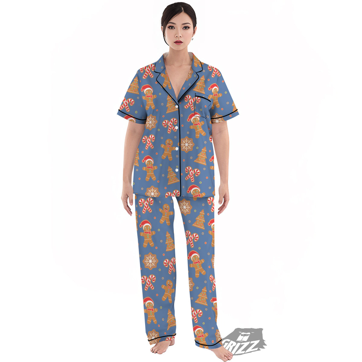 Gingerbread Man Xmas Print Pattern Women's Pajamas Set-grizzshop