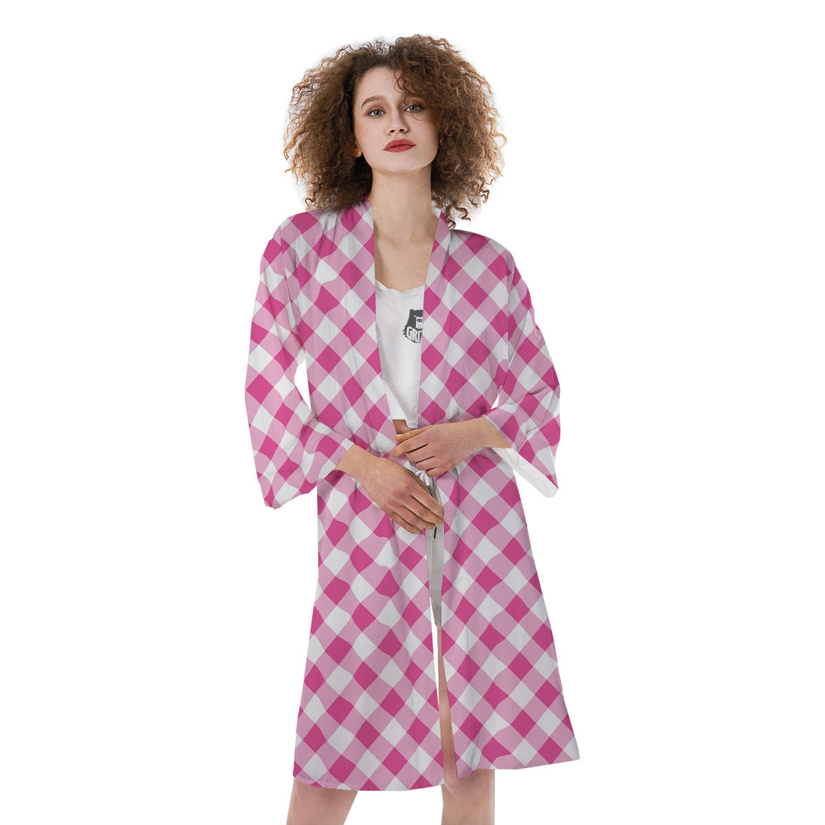 Gingham Black And Pink Magenta Print Kimono-grizzshop