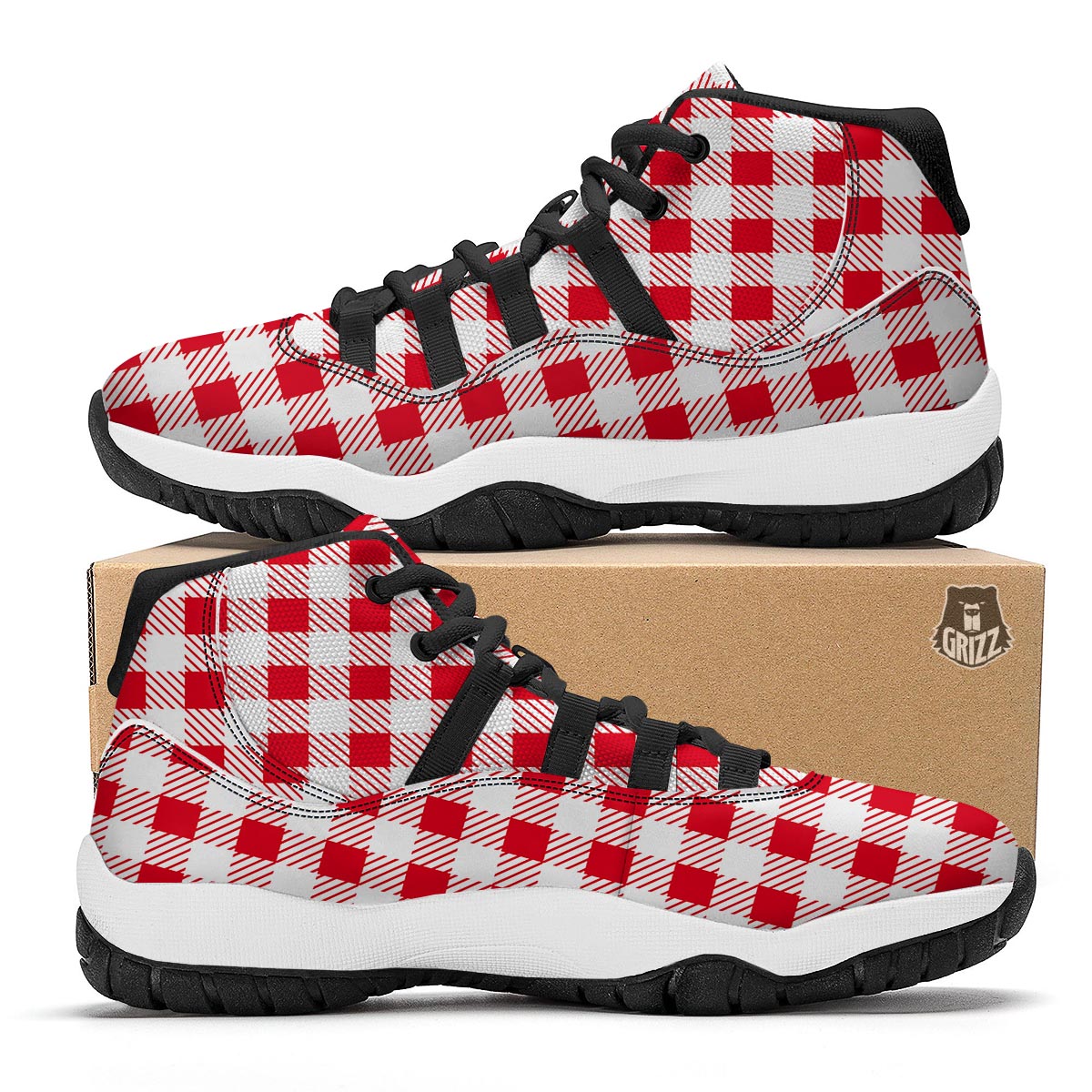 Gingham Red Pattern Print Black Bball Shoes-grizzshop