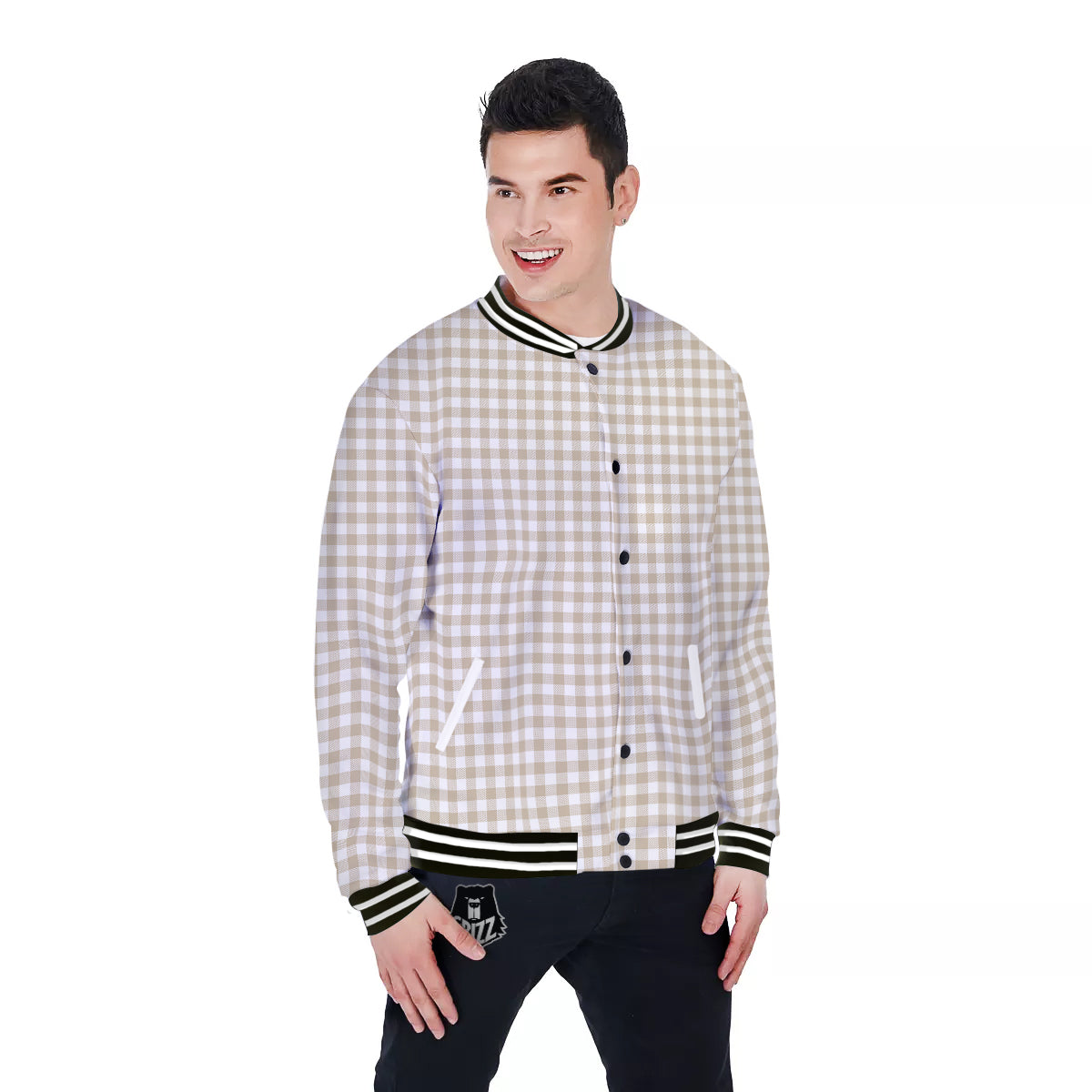 Gingham White And Beige Print Pattern Baseball Jacket-grizzshop