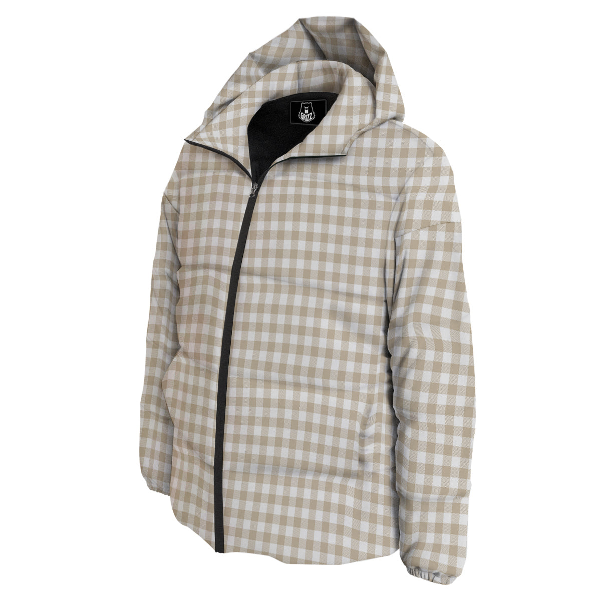Gingham White And Beige Print Pattern Down Jacket-grizzshop