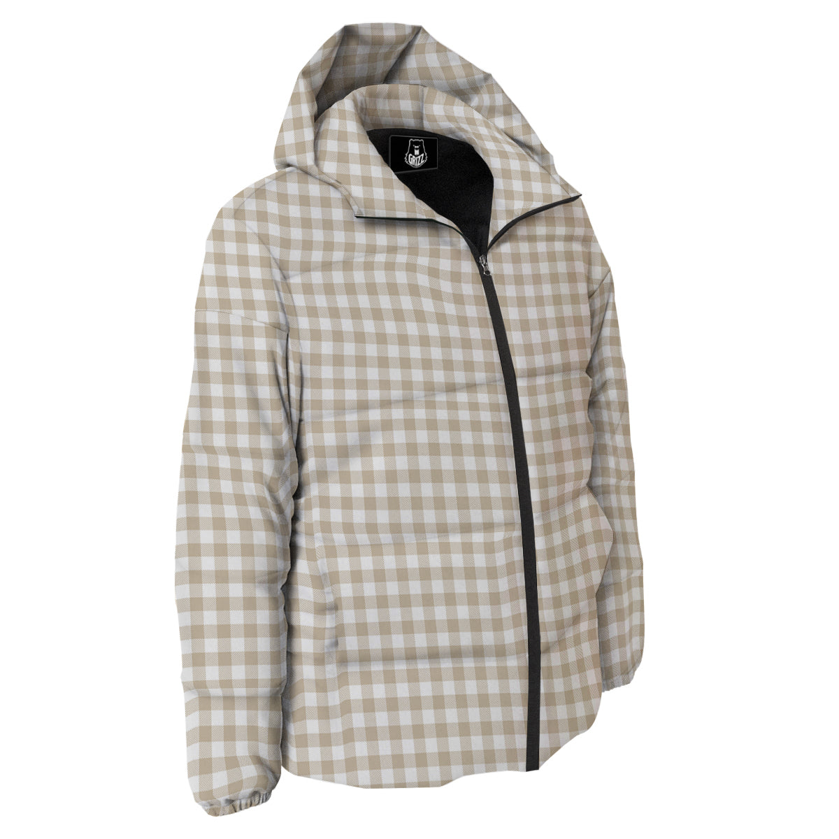 Gingham White And Beige Print Pattern Down Jacket-grizzshop