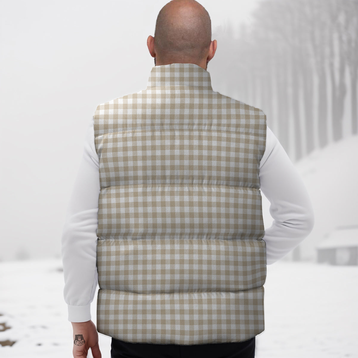 Gingham White And Beige Print Pattern Down Vest-grizzshop