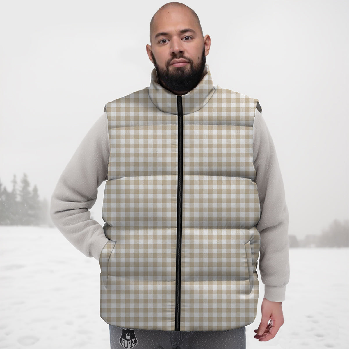 Gingham White And Beige Print Pattern Down Vest-grizzshop