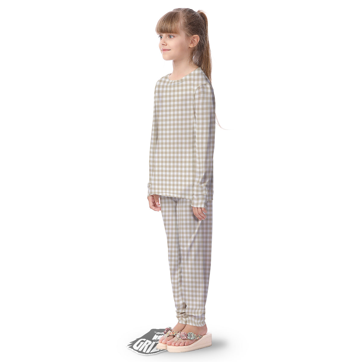 Gingham White And Beige Print Pattern Kid's Pajamas-grizzshop