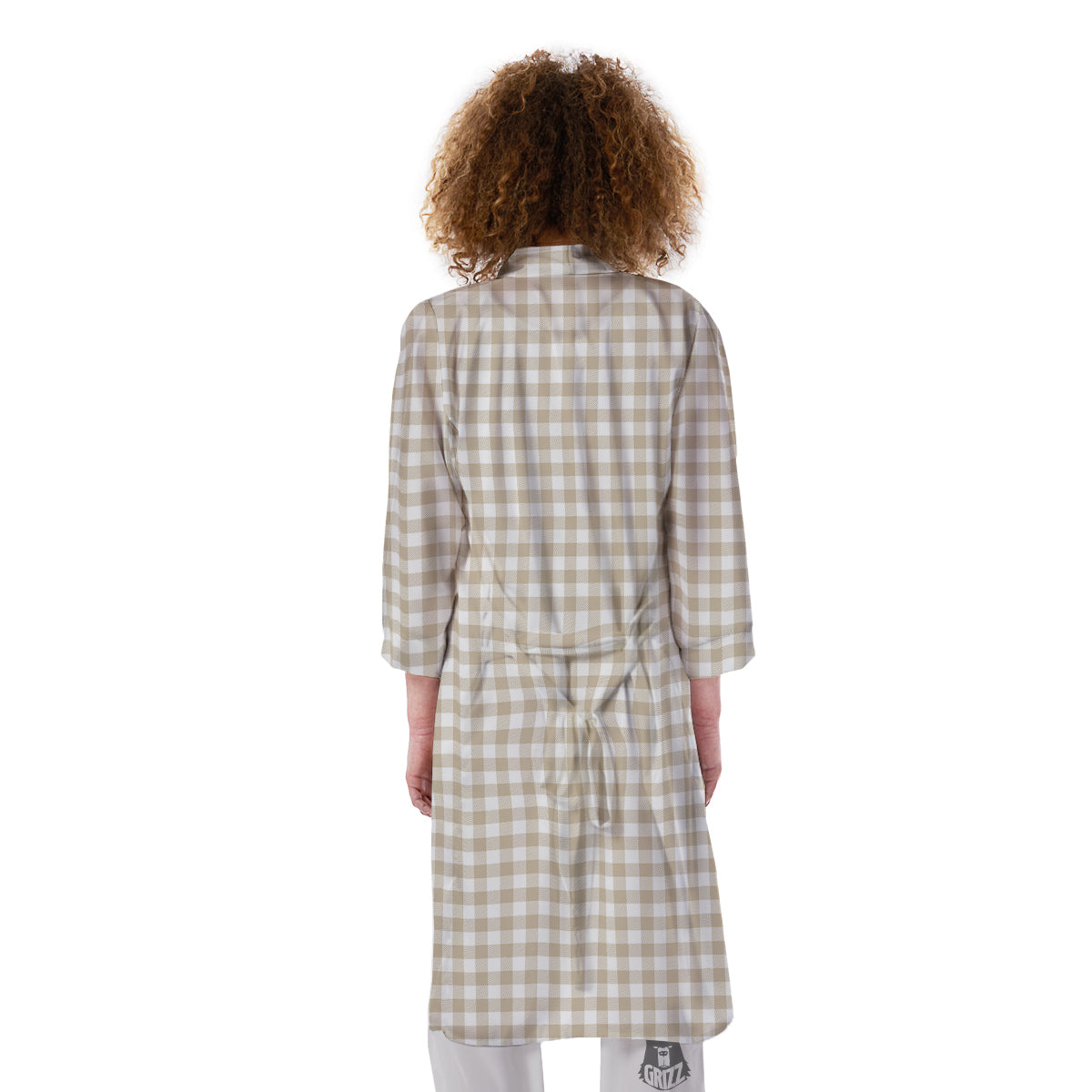 Gingham White And Beige Print Pattern Kimono-grizzshop