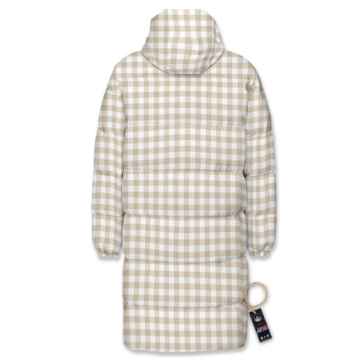 Gingham White And Beige Print Pattern Long Down Jacket-grizzshop