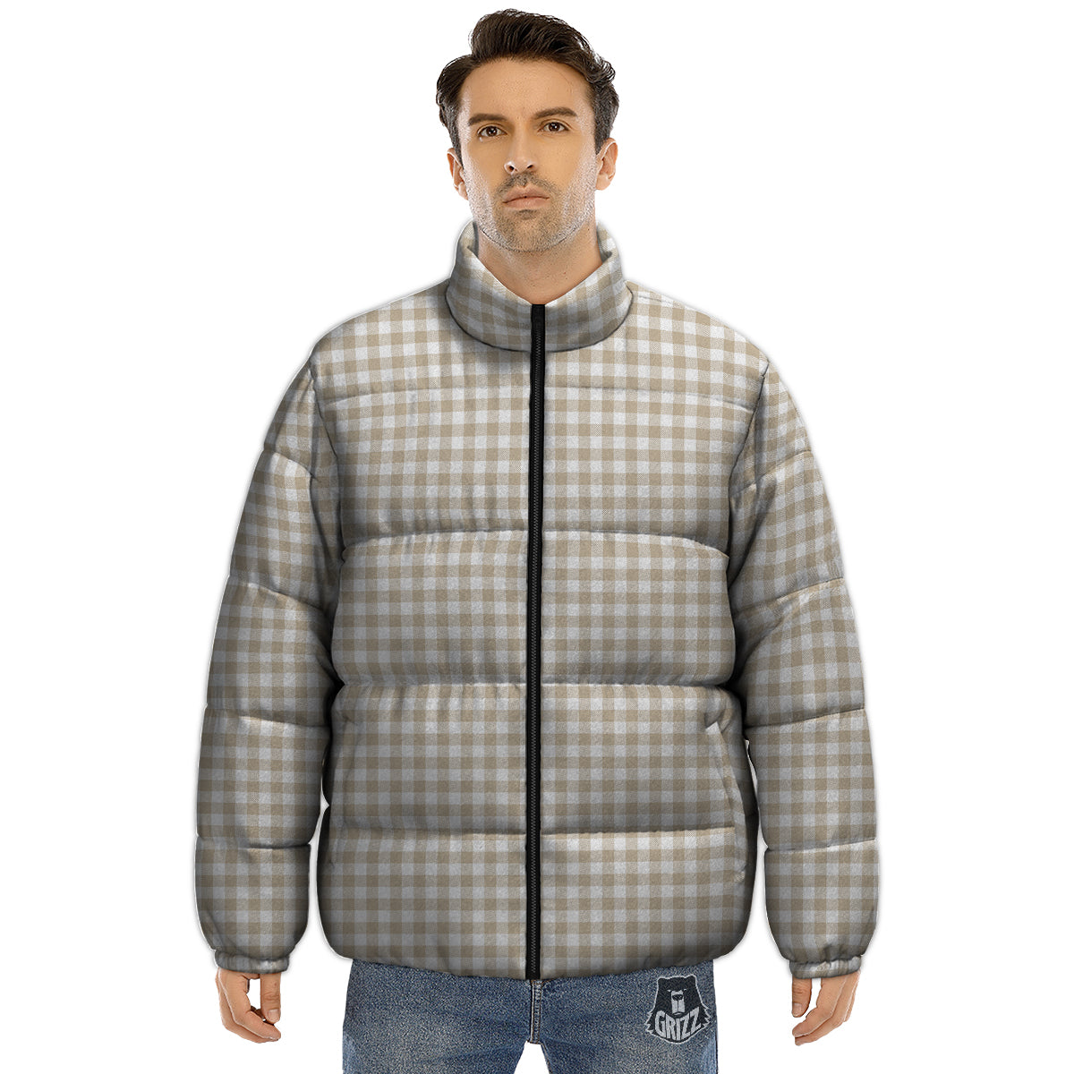 Gingham White And Beige Print Pattern Puffer Jacket-grizzshop