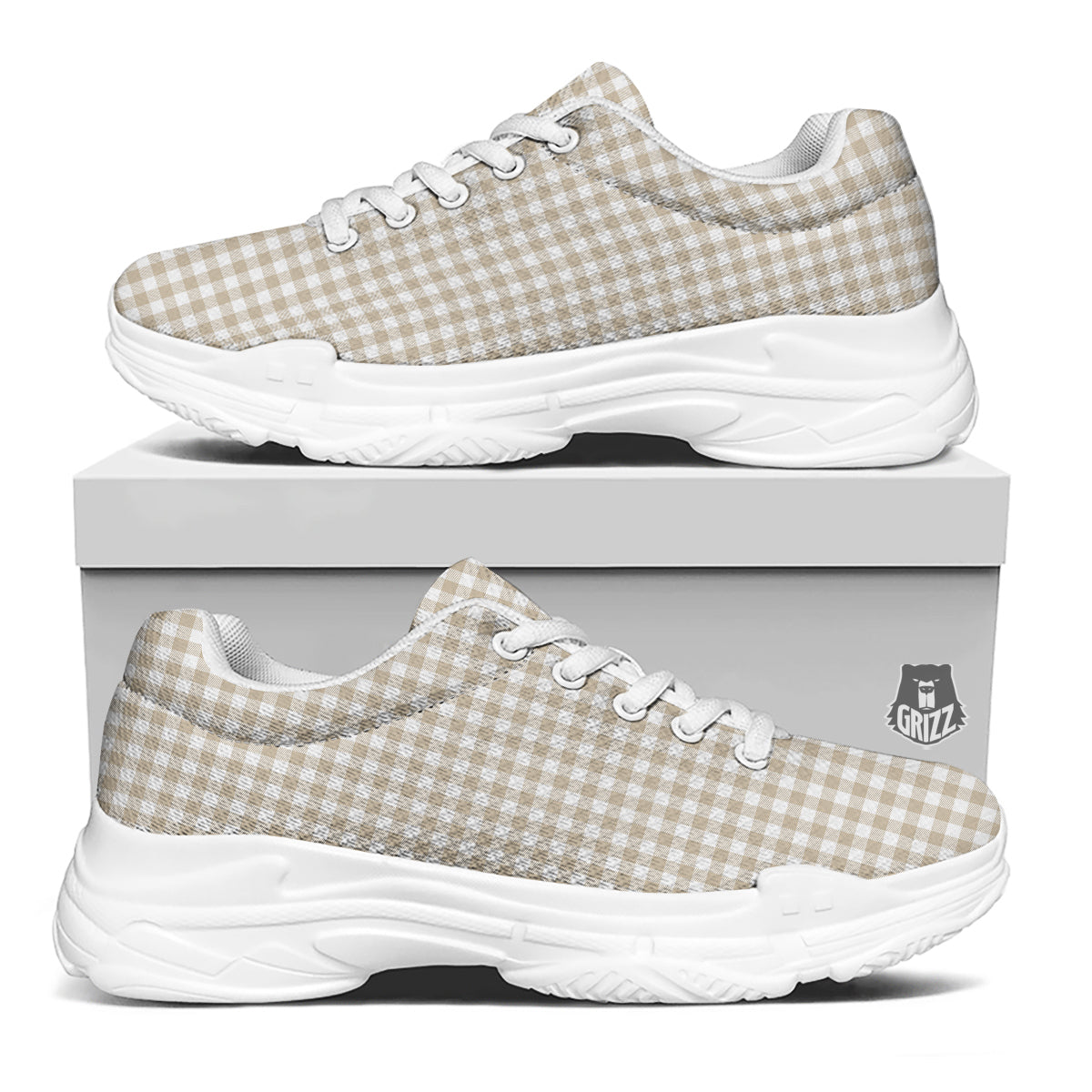 Gingham White And Beige Print Pattern White Chunky Shoes-grizzshop