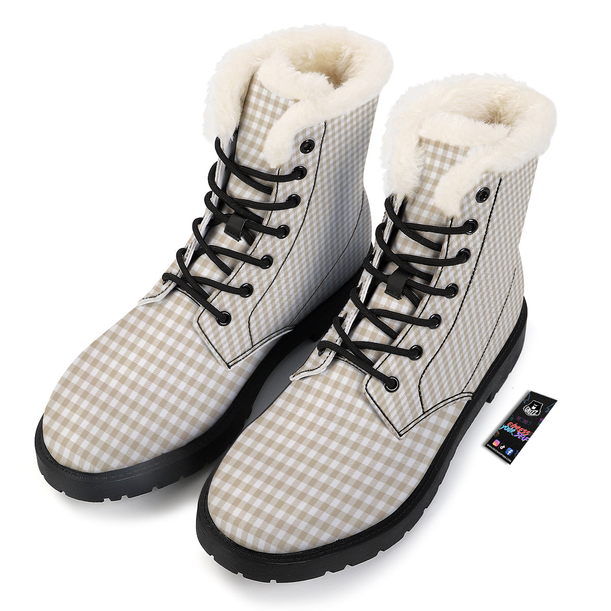 Gingham White And Beige Print Pattern Winter Boots-grizzshop