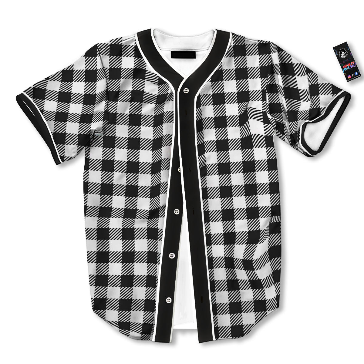 Gingham White And Black Print Pattern Baseball Jersey-grizzshop