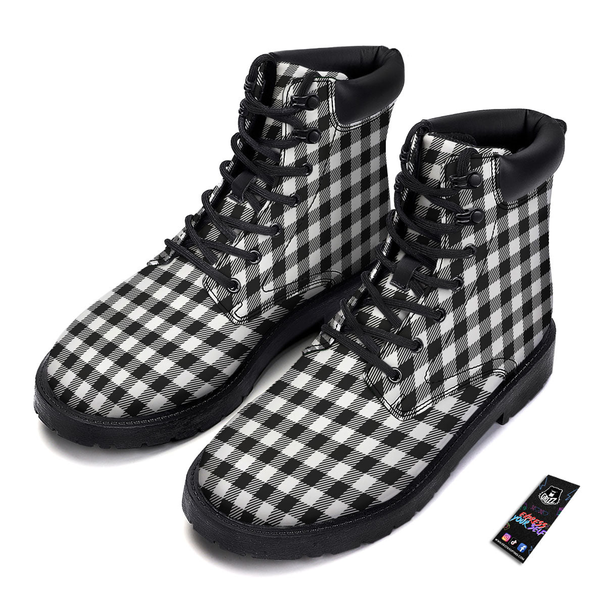 Gingham White And Black Print Pattern Boots-grizzshop