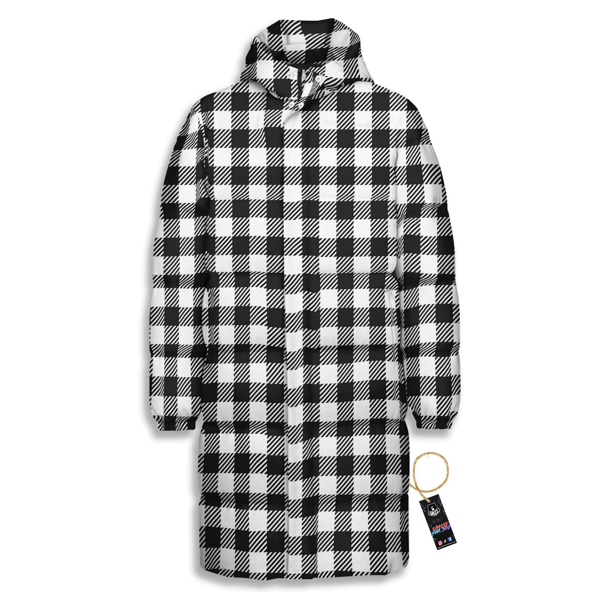 Gingham White And Black Print Pattern Long Down Jacket-grizzshop