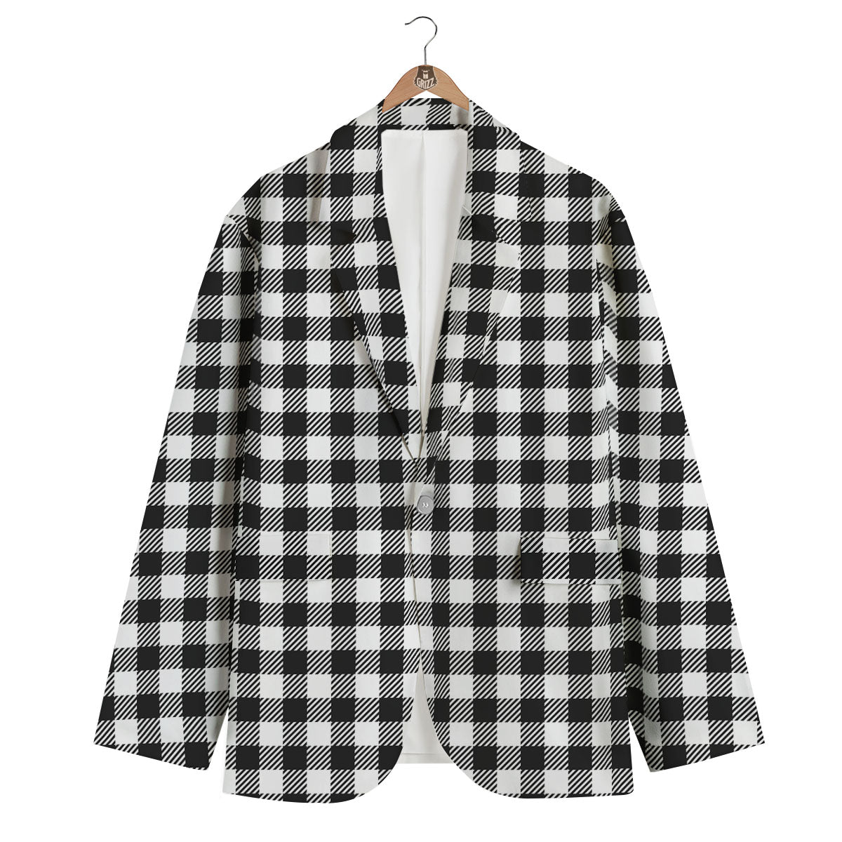 Gingham White And Black Print Pattern Men's Blazer-grizzshop