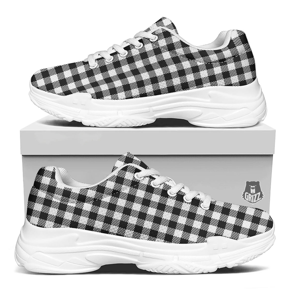 Gingham White And Black Print Pattern White Chunky Shoes-grizzshop