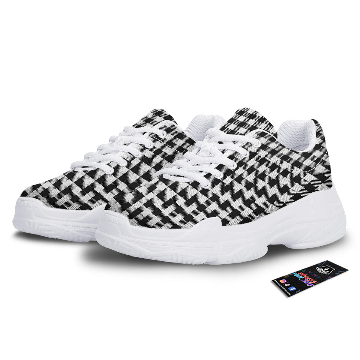 Gingham White And Black Print Pattern White Chunky Shoes-grizzshop