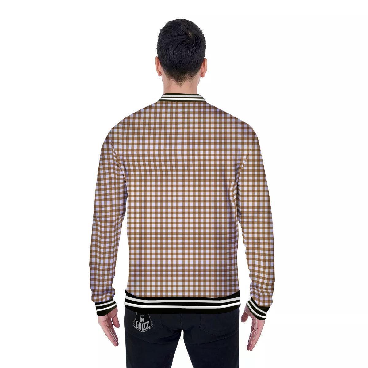 Gingham White And Brown Print Pattern Baseball Jacket-grizzshop