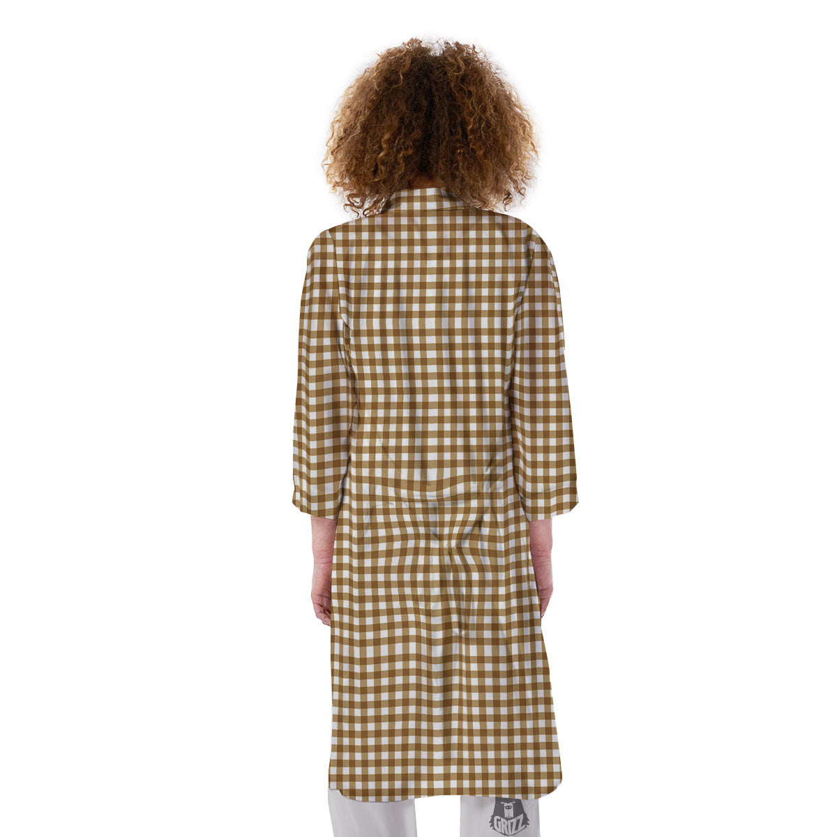 Gingham White And Brown Print Pattern Kimono-grizzshop