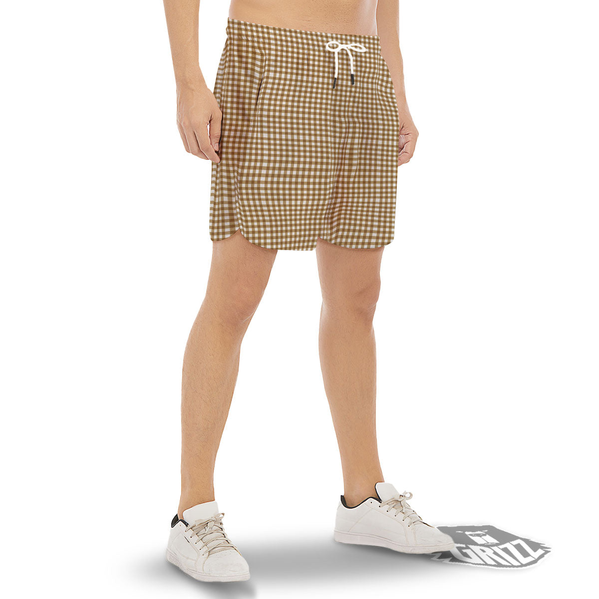 Gingham White And Brown Print Pattern Men's Gym Shorts-grizzshop