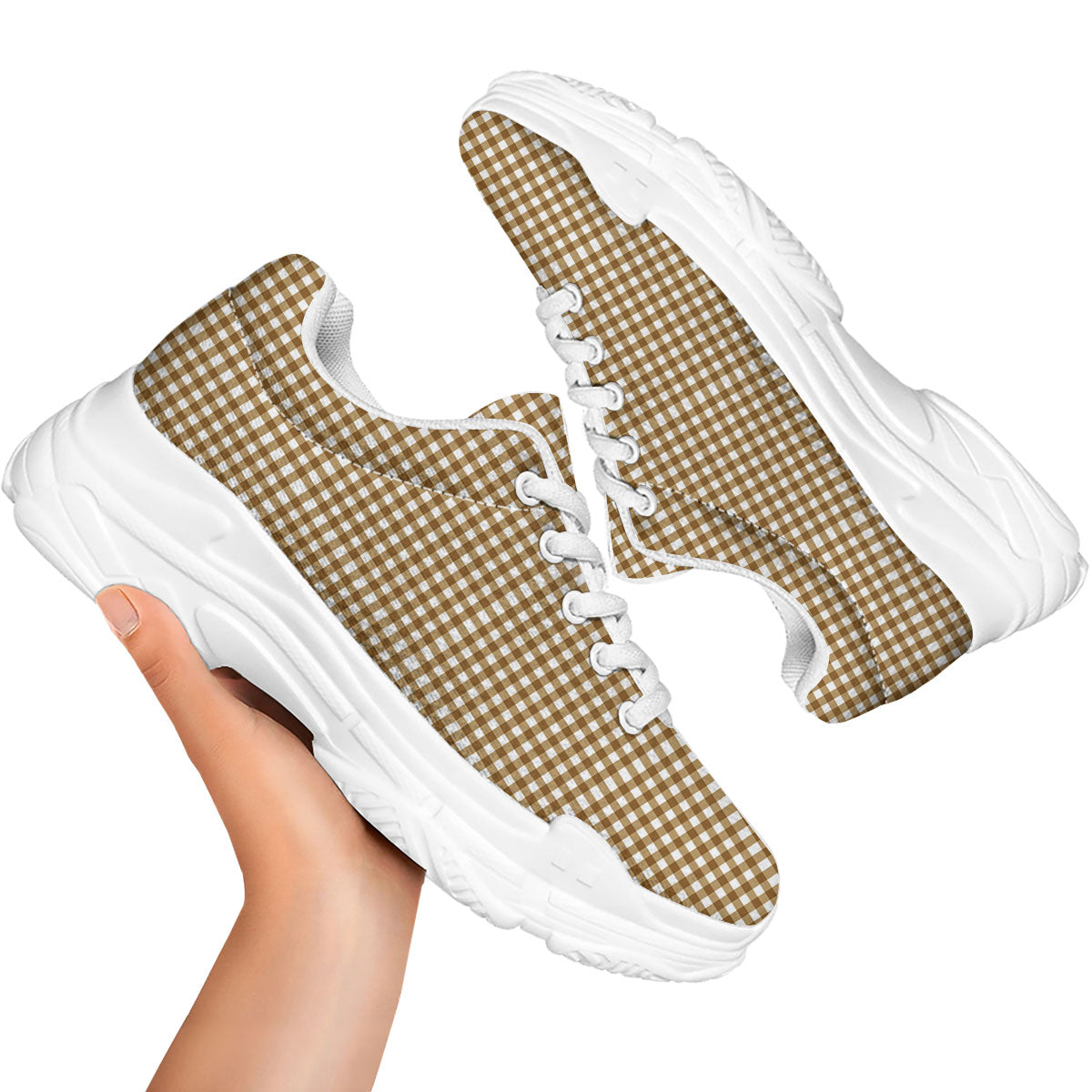 Gingham White And Brown Print Pattern White Chunky Shoes-grizzshop