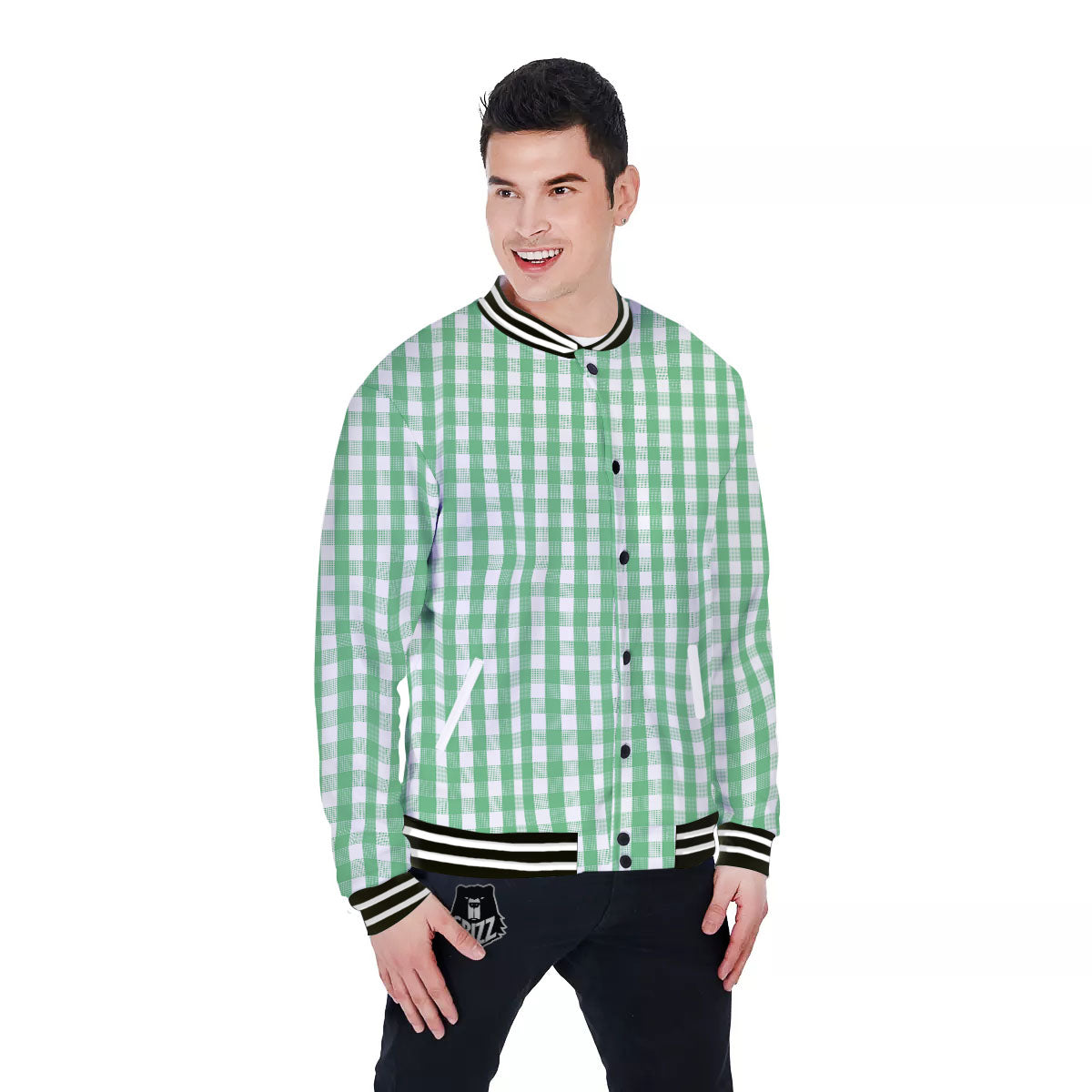 Gingham White And Green Print Pattern Baseball Jacket-grizzshop