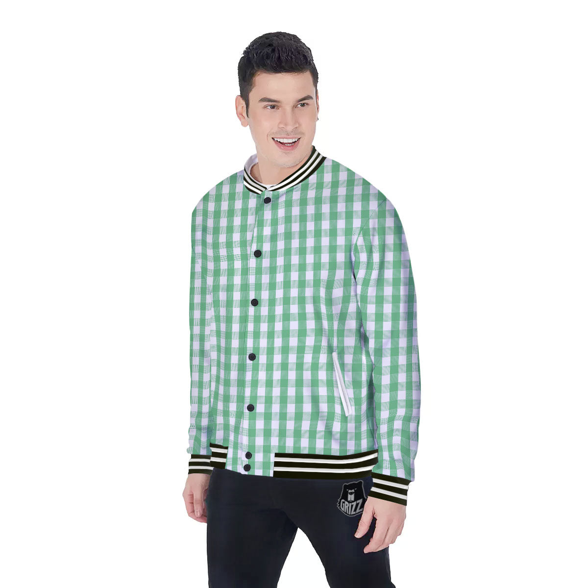 Gingham White And Green Print Pattern Baseball Jacket-grizzshop