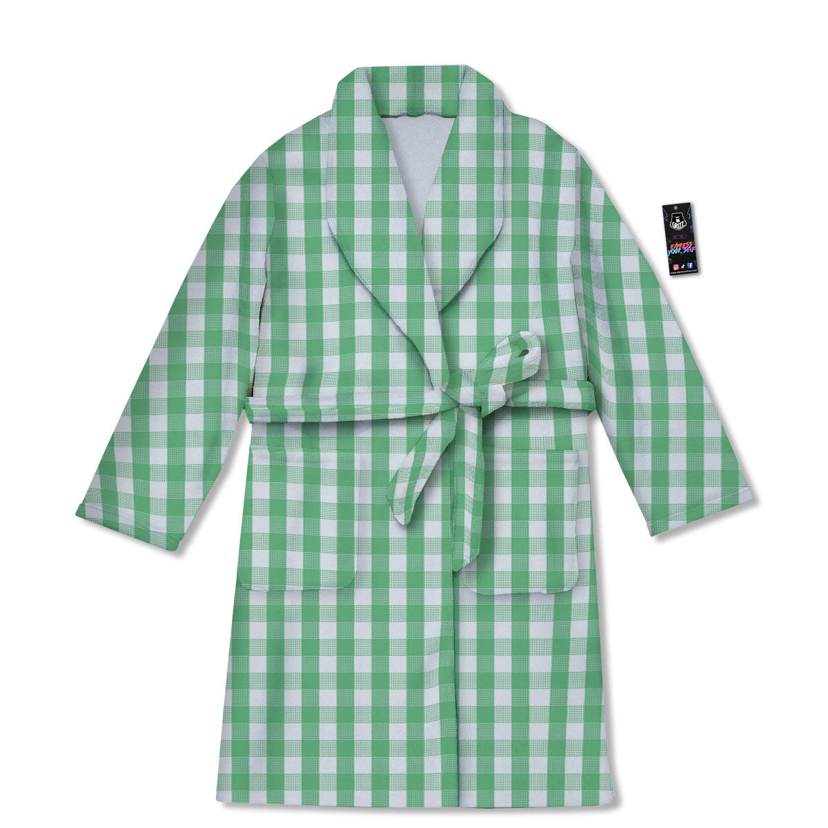 Gingham White And Green Print Pattern Bathrobe-grizzshop