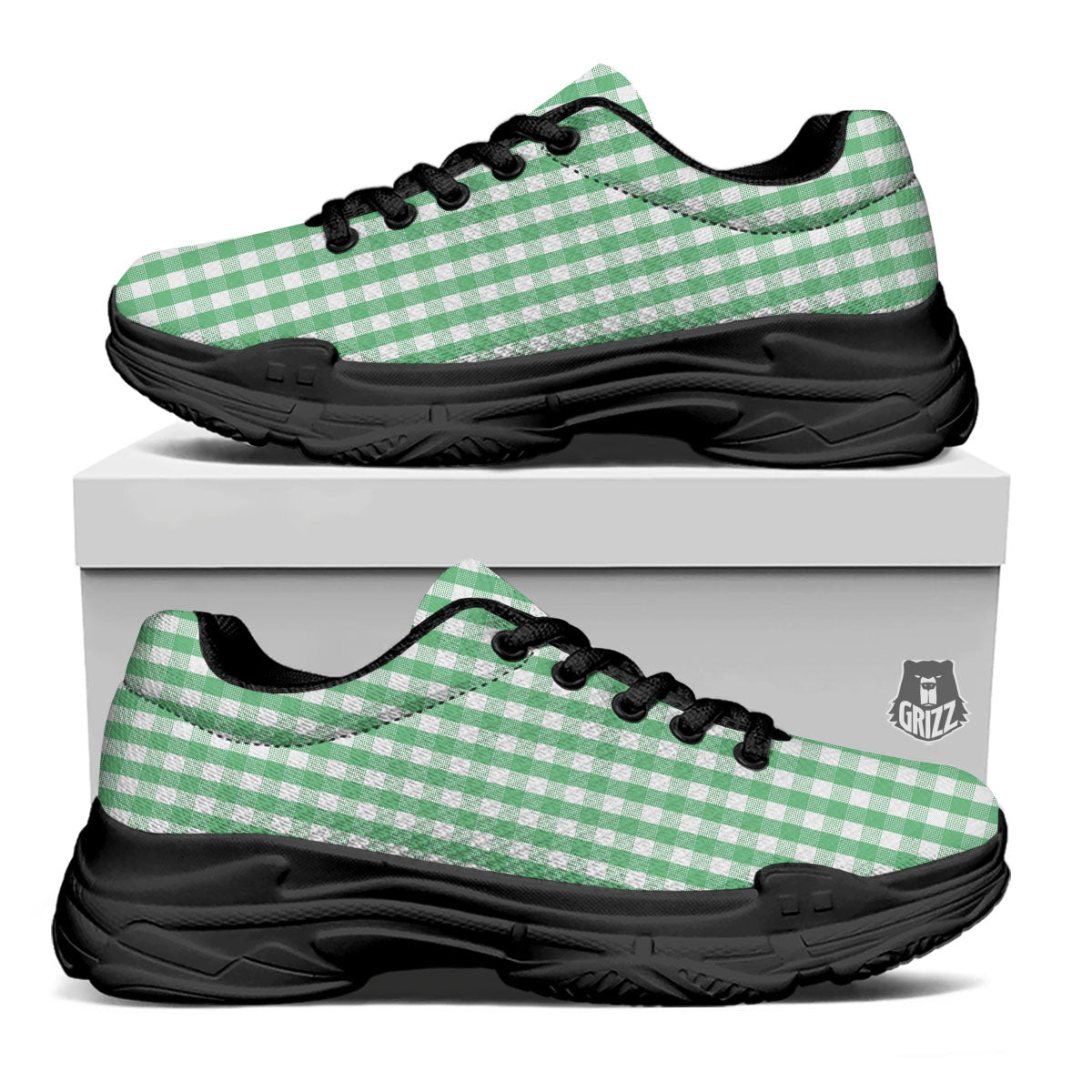 Gingham White And Green Print Pattern Black Chunky Shoes-grizzshop