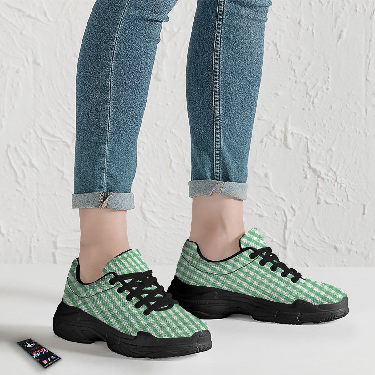 Gingham White And Green Print Pattern Black Chunky Shoes-grizzshop