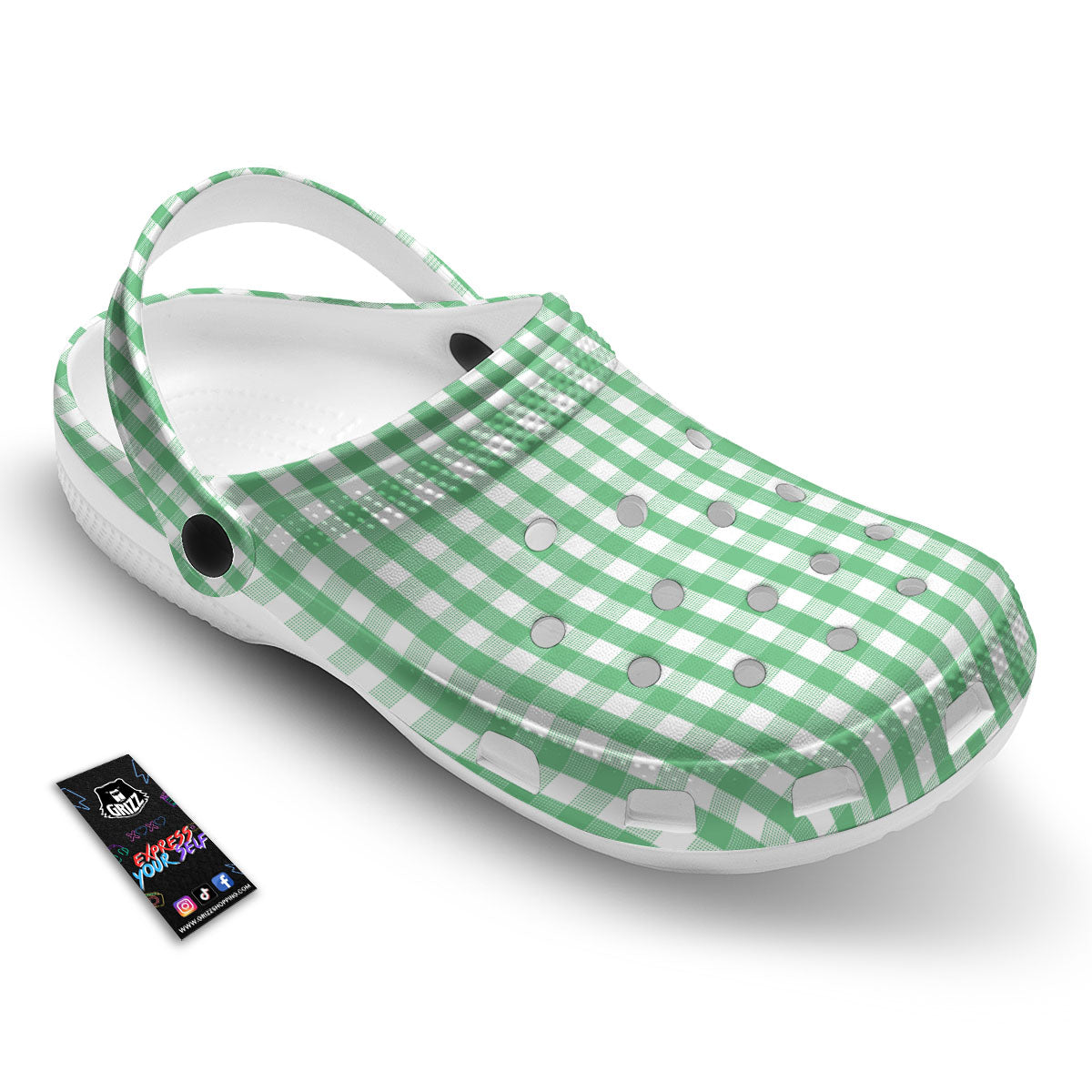 Gingham White And Green Print Pattern Clog-grizzshop