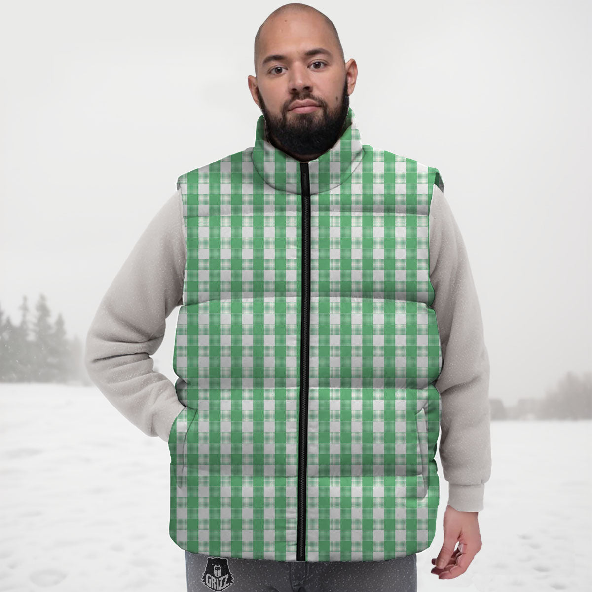 Gingham White And Green Print Pattern Down Vest-grizzshop