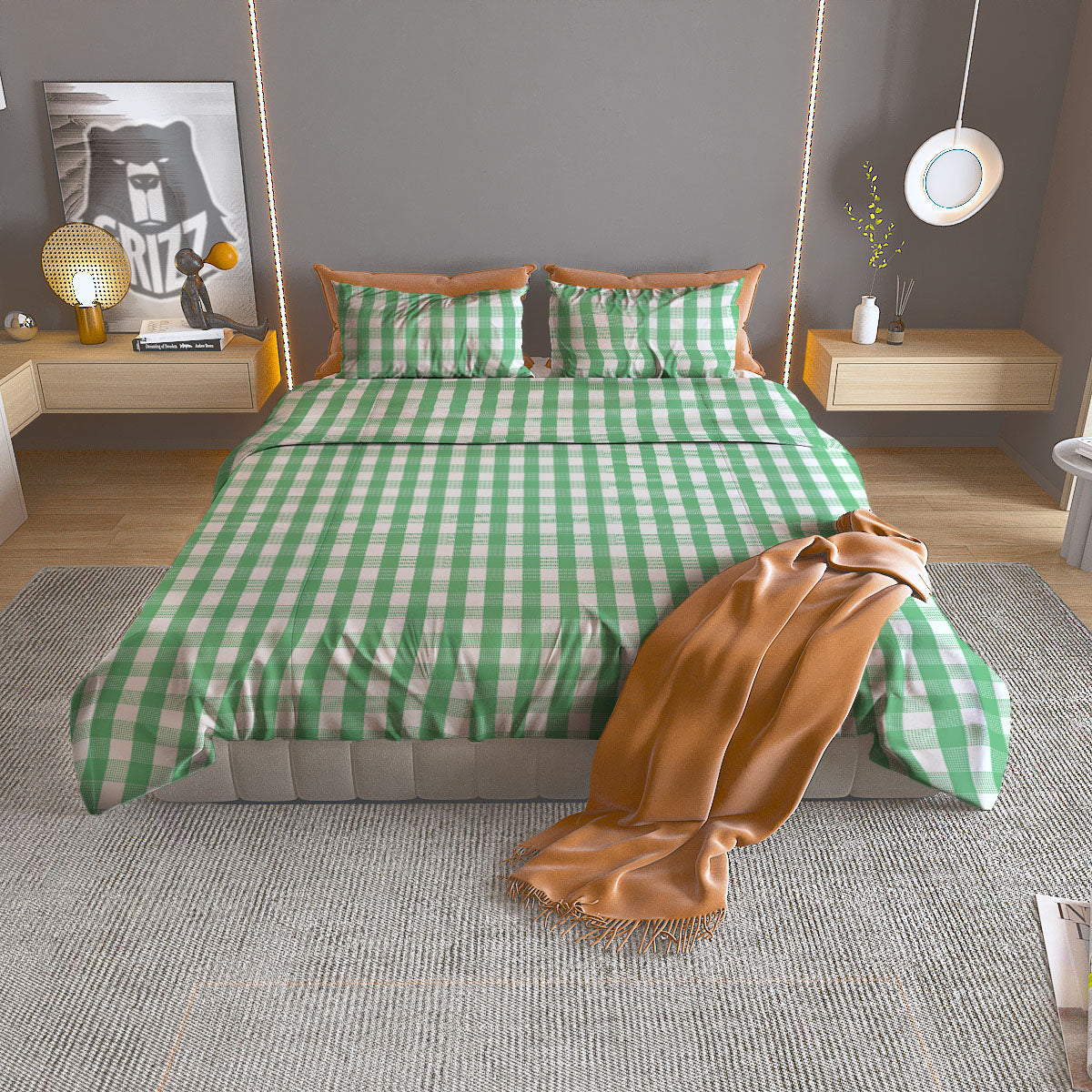Gingham White And Green Print Pattern Duvet Cover Bedding Set
