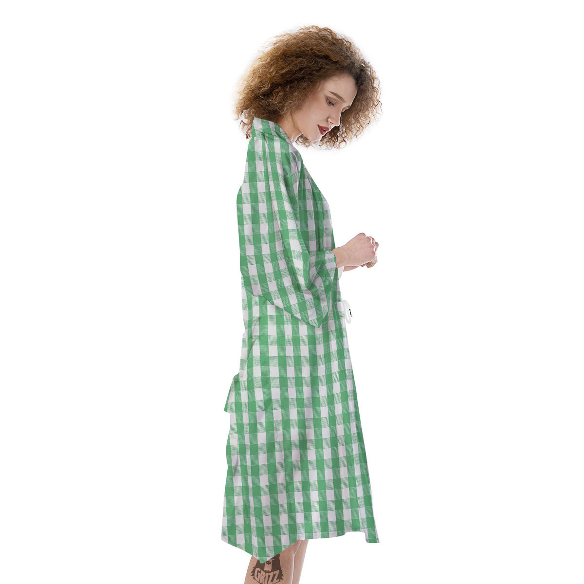 Gingham White And Green Print Pattern Kimono-grizzshop