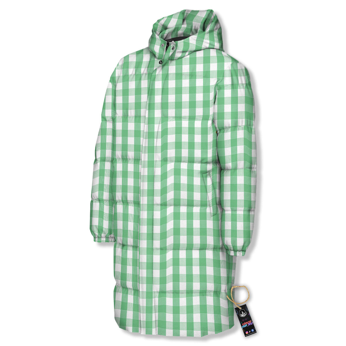 Gingham White And Green Print Pattern Long Down Jacket-grizzshop