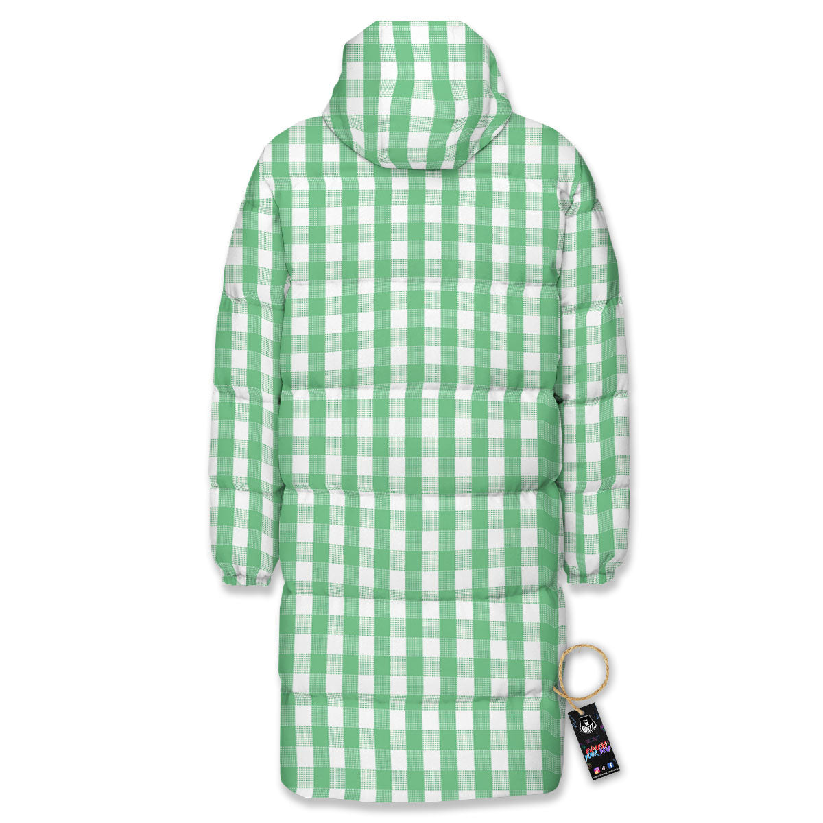 Gingham White And Green Print Pattern Long Down Jacket-grizzshop