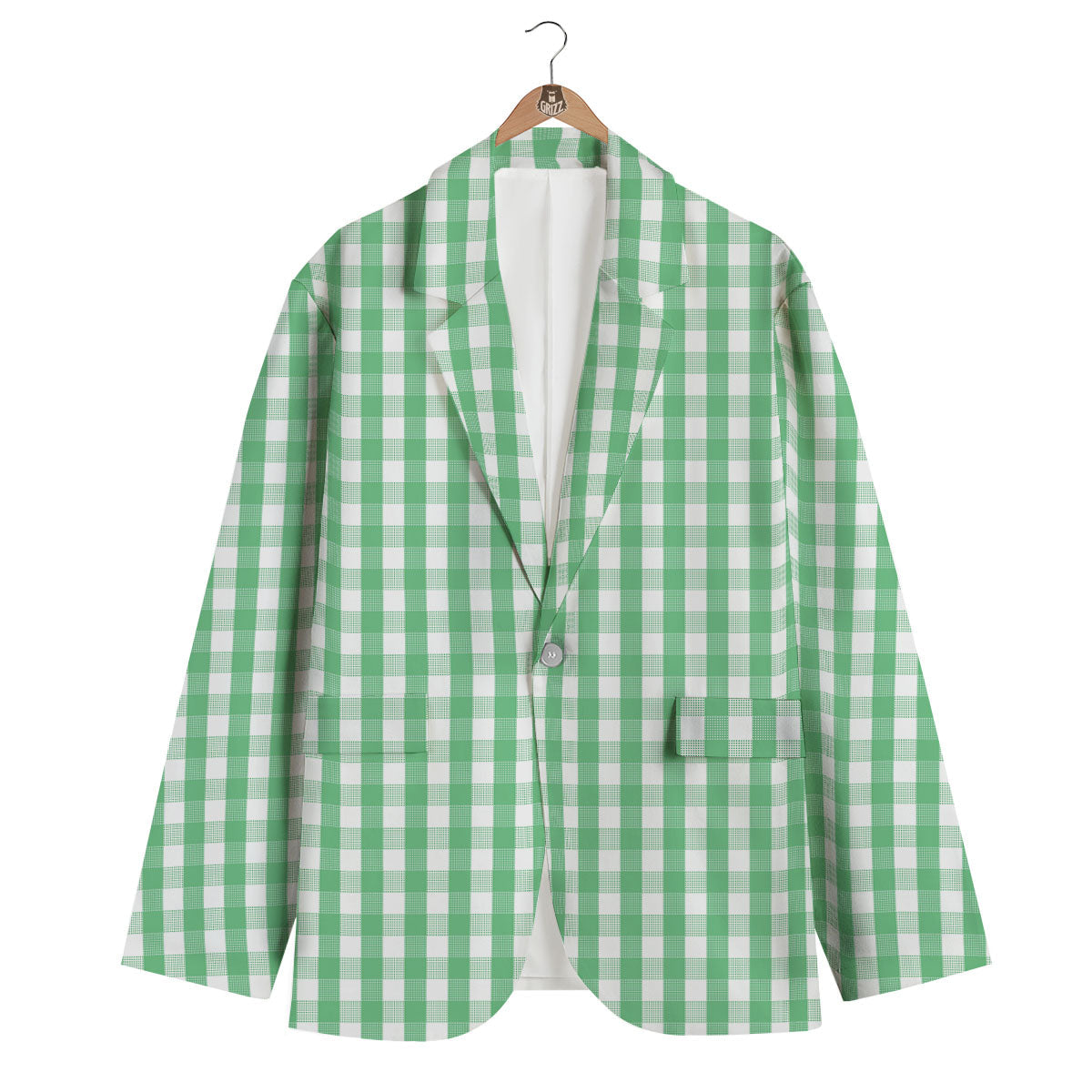 Gingham White And Green Print Pattern Men's Blazer-grizzshop