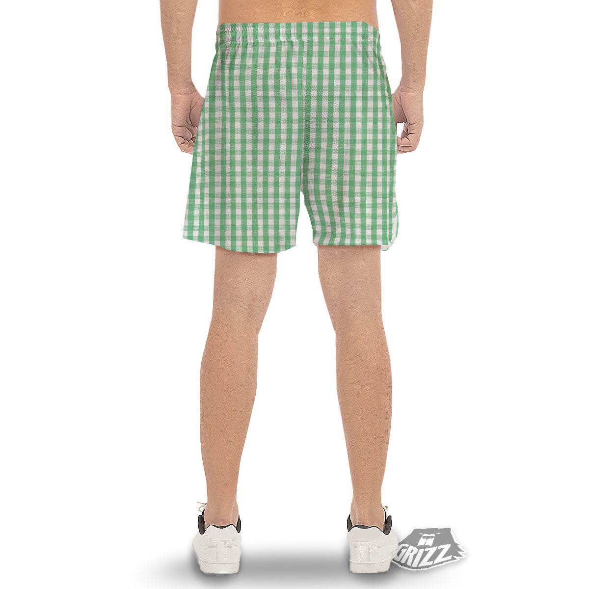 Gingham White And Green Print Pattern Men's Gym Shorts-grizzshop