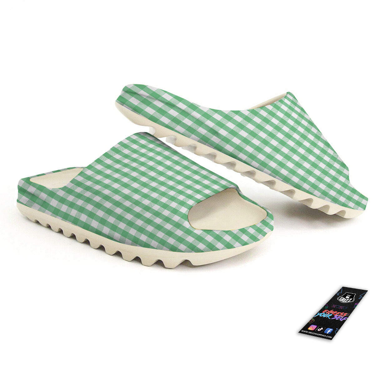 Gingham White And Green Print Pattern Sandals-grizzshop